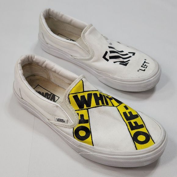 Vans Classic Slip On Sneaker Shoe Caution Tape Left Traffic Women 8 White Custom - Picture 2 of 16